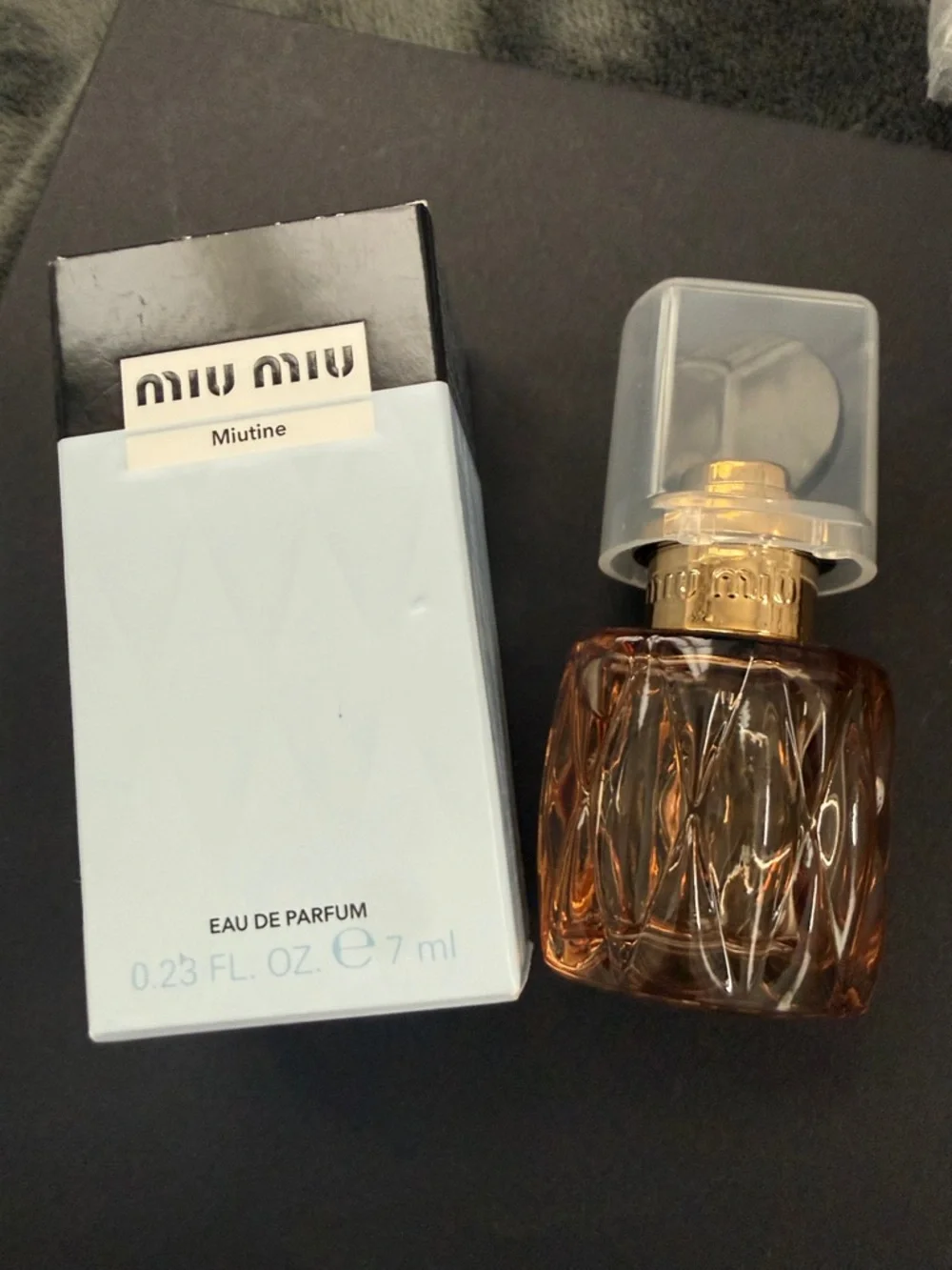 NIB 7 ml Miu Miu Miutine Amber Bottle with Gold Collar and Clear Cap